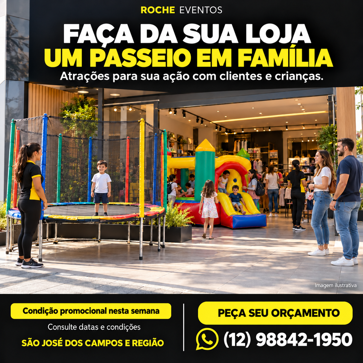 Cena ilustrativa de crianças e famílias com brinquedos em uma comemoração